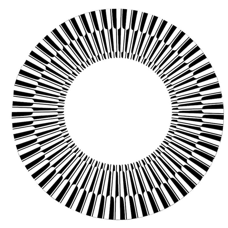The Manhattan Lacquer Placemat Set of 4 by Von Gern Home features a bold circular design with piano key–like black and white segments radiating around a white center—perfect for adding modern style to your table.