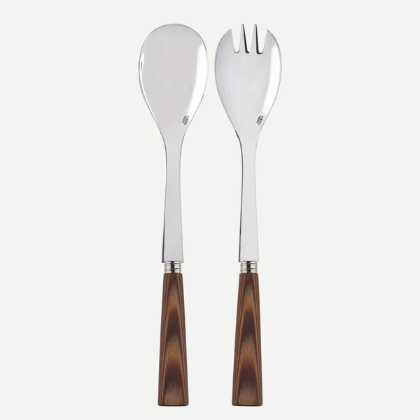 The Sabre Nature Wood 2 Piece Salad Set features a large serving spoon and matching fork, each with shiny silver heads and brown horn-effect handles—an elegant choice for designer cutlery collections.