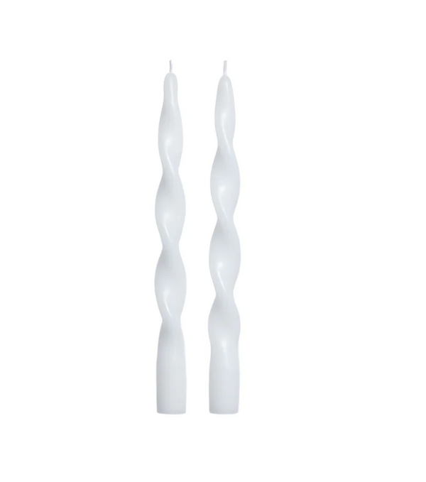 Two white Zodax Brilliance Twist Candle Set 2- taper candles with a spiral, twisted design for artisanal home décor.