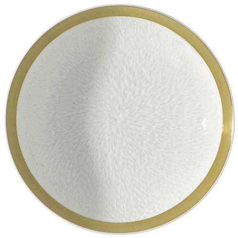 A round white Raynaud Mineral Irise Gold Filet dinner plate features a subtle textured pattern and a wide gold rim, shown from above against a plain background.