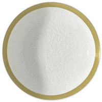 A round white Raynaud Mineral Irise Gold Filet dinner plate features a subtle textured pattern and a wide gold rim, shown from above against a plain background.