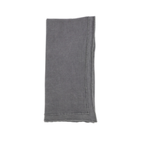 A neatly folded, rectangular gray Overlock Stonewash Border Napkin by Saro Trading with visible stitched edges is shown on a white background.