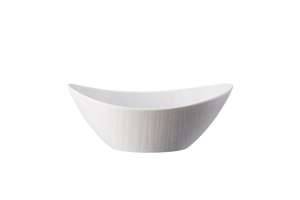 The Rosenthal Mesh Dinnerware White is a modern, oval-shaped ceramic bowl with slightly upturned edges, crafted from premium porcelain and shown against a plain white background.