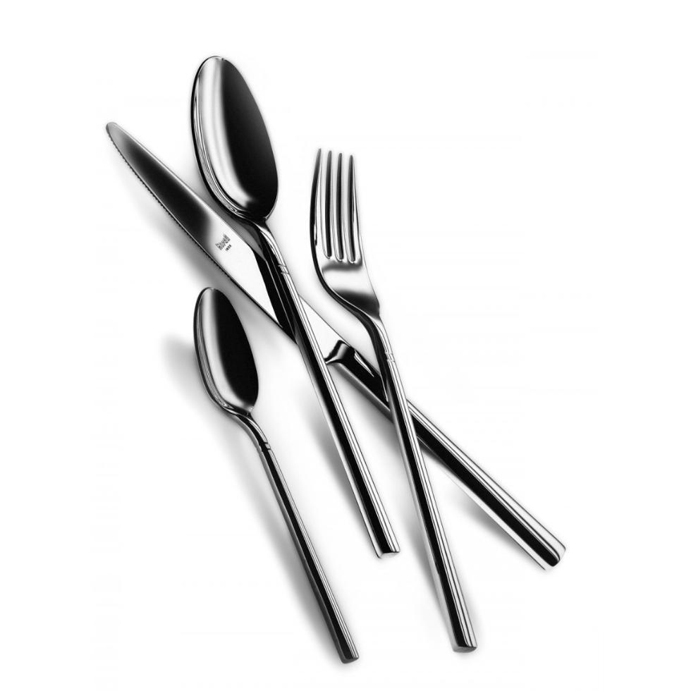 The Mepra Aria Flatware 5 Piece Setting in stainless steel features utensils—knife, fork, tablespoon, teaspoon, and salad fork—arranged diagonally on a white background.