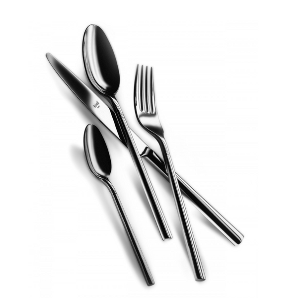 The Mepra Aria Flatware 5 Piece Setting in stainless steel features utensils—knife, fork, tablespoon, teaspoon, and salad fork—arranged diagonally on a white background.