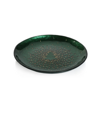 Glistening Tree Plate in dark green featuring a central embossed Christmas tree motif surrounded by gold flecks.