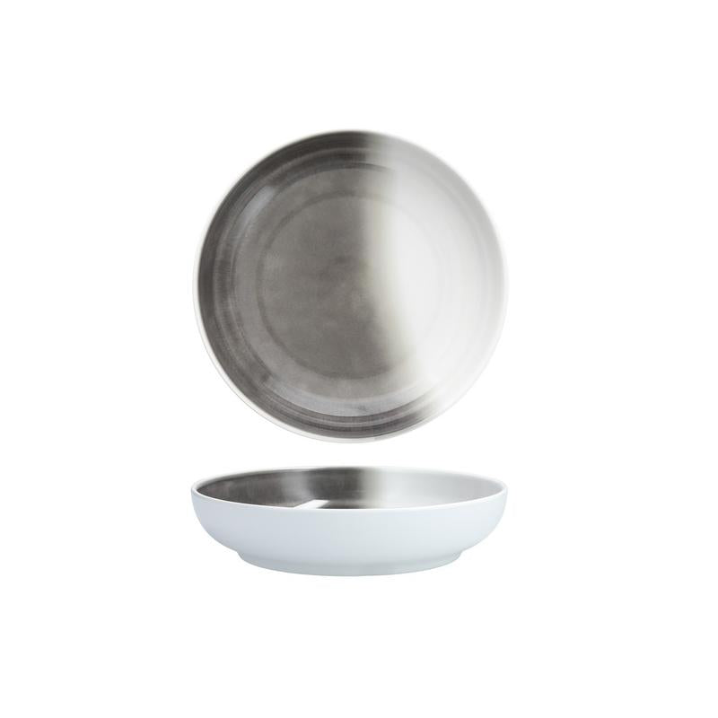 A La Cotera Melamine Dinnerware Gray bowl with a metallic interior and white exterior by Fortessa sits on a white surface; above, a matching dishwasher-safe plate appears to float.