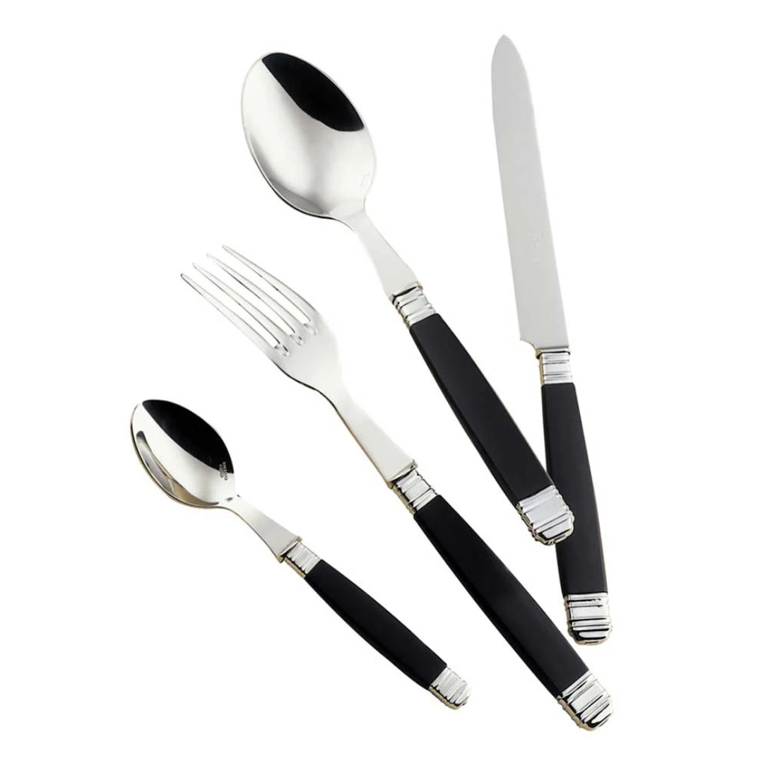 The Empire Black Flatware 5 Piece Setting by Alain Saint-Joanis features stainless steel utensils with shiny metal tops and black handles with metallic accents, shown arranged diagonally against a white background.