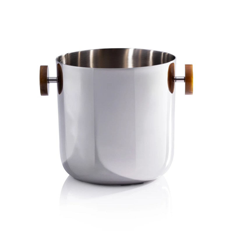 The Zodax Spector Ice Bucket - Nickel & Resin features a polished nickel cylindrical body, flat base, and two round amber marbled resin handles—ideal for bar entertaining—shown on a white background.