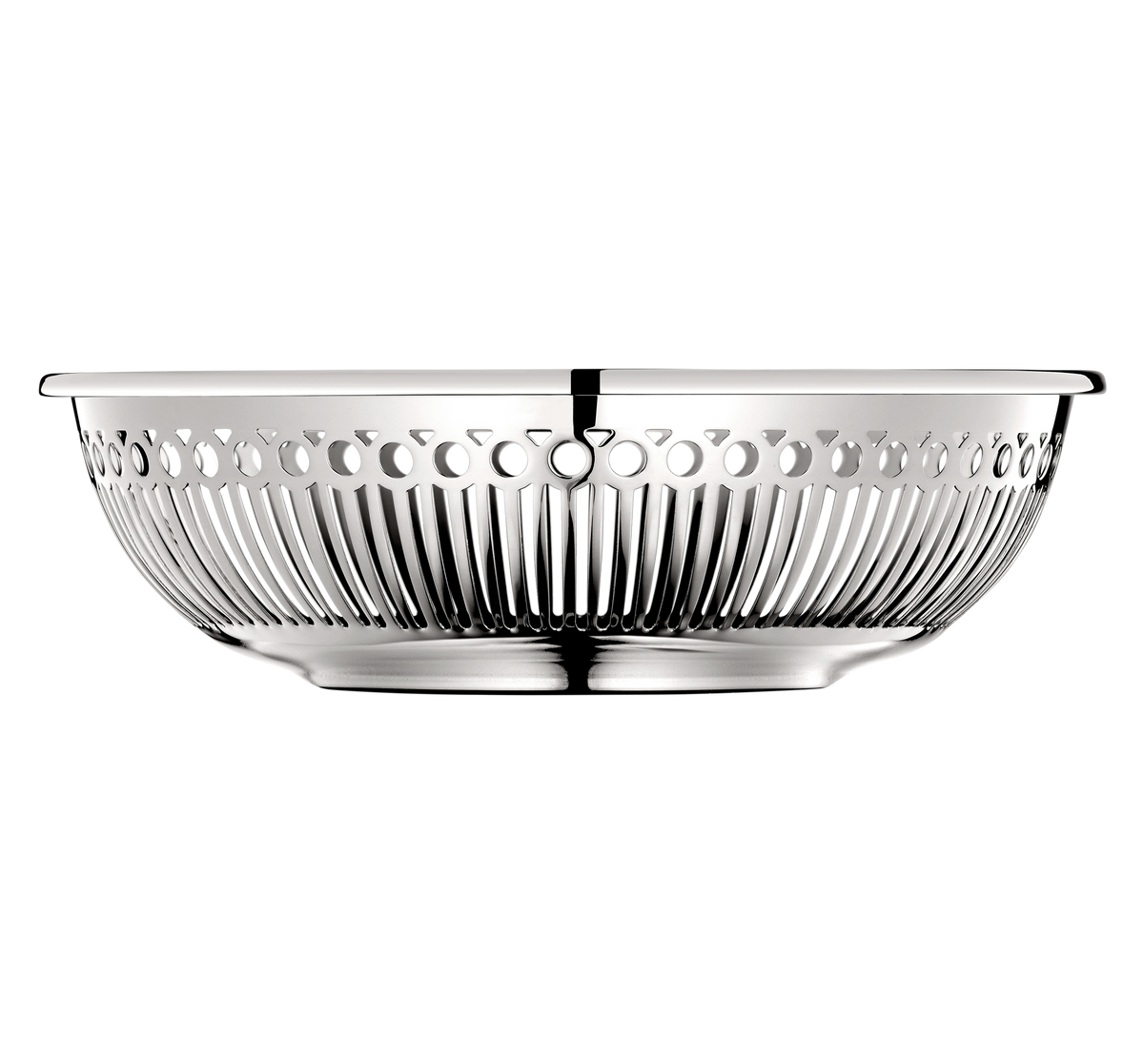 The Christofle Albi Bread Basket features shiny stainless steel with oval cutouts along the top edge and vertical grooves on the sides, displayed against a plain white background.