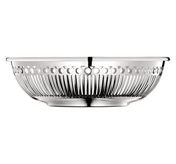 The Christofle Albi Bread Basket features shiny stainless steel with oval cutouts along the top edge and vertical grooves on the sides, displayed against a plain white background.
