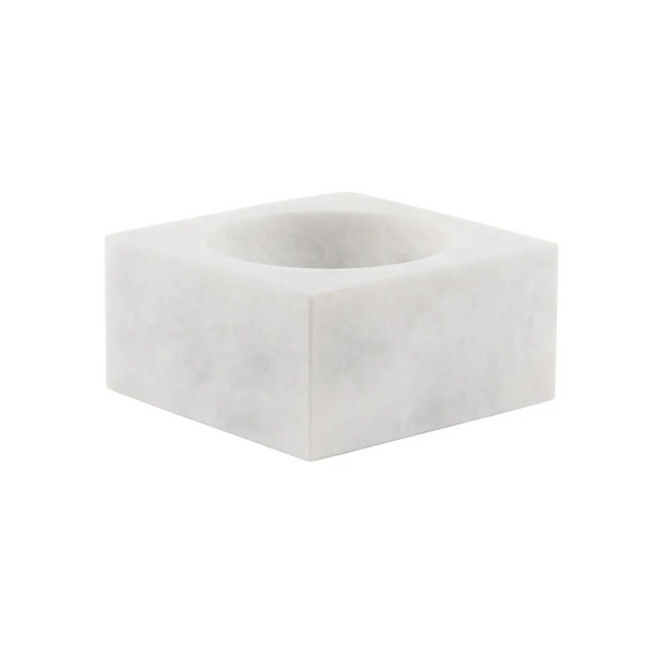 The Marble Square Pearl White Honed Bowl by Designs by Marble Crafter features a smooth finish with a central circular indentation, crafted from honed marble and shown on a plain white background.