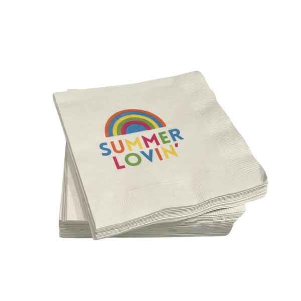 Add a vibrant touch to your party with the Print Appeal Cocktail Napkin Pack - SUMMER LOVIN, featuring colorful rainbow designs and bold lettering—perfect for summer gatherings.