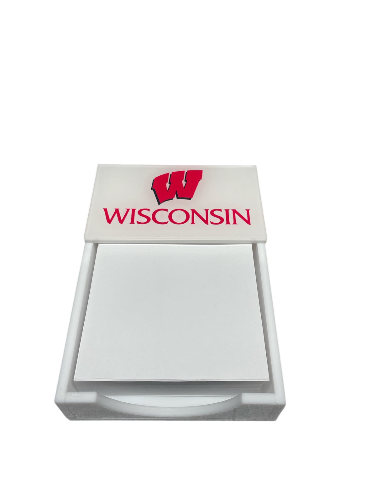 The Eye Candy College Note Pad is a white holder with blank paper, showcasing the red University of Wisconsin W logo and "WISCONSIN" on the flap—ideal for graduation gifts or as a custom school note pad.