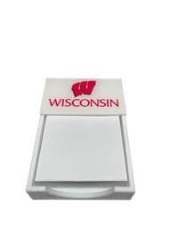 The Eye Candy College Note Pad is a white holder with blank paper, showcasing the red University of Wisconsin W logo and "WISCONSIN" on the flap—ideal for graduation gifts or as a custom school note pad.