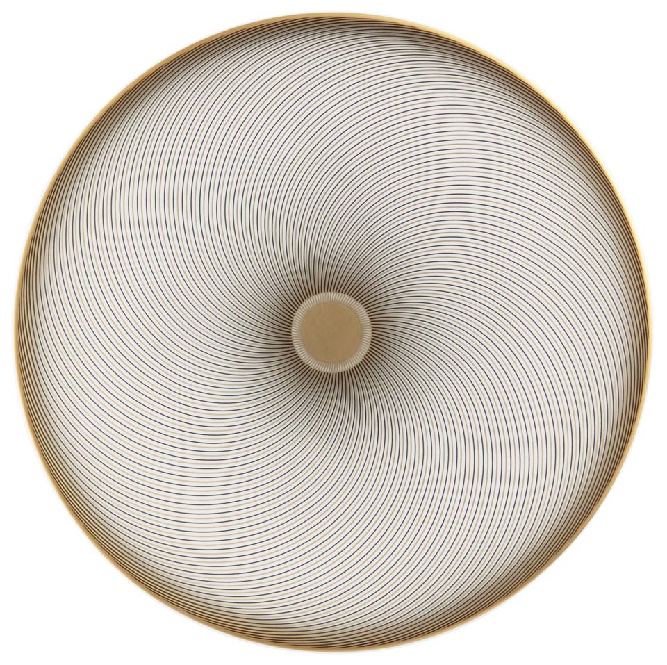 The Oskar Dinnerware by Raynaud features a circular pattern of thin, evenly spaced spiral lines radiating from the center and a gold outer rim, creating a mesmerizing geometric effect.