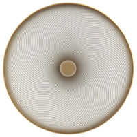 The Oskar Dinnerware by Raynaud features a circular pattern of thin, evenly spaced spiral lines radiating from the center and a gold outer rim, creating a mesmerizing geometric effect.