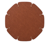 The Divot Placemat Set of 4 by Kim Seybert features flat, brown, textured circular mats with six curved edges and tan stitches near each curve, shown arranged on a white background.