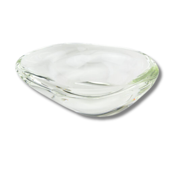 The Tizo Free Form Glass Bowl, with its clear, shallow design and smooth, rounded edges, serves as a sculptural accent ideal for contemporary decor on any white background.