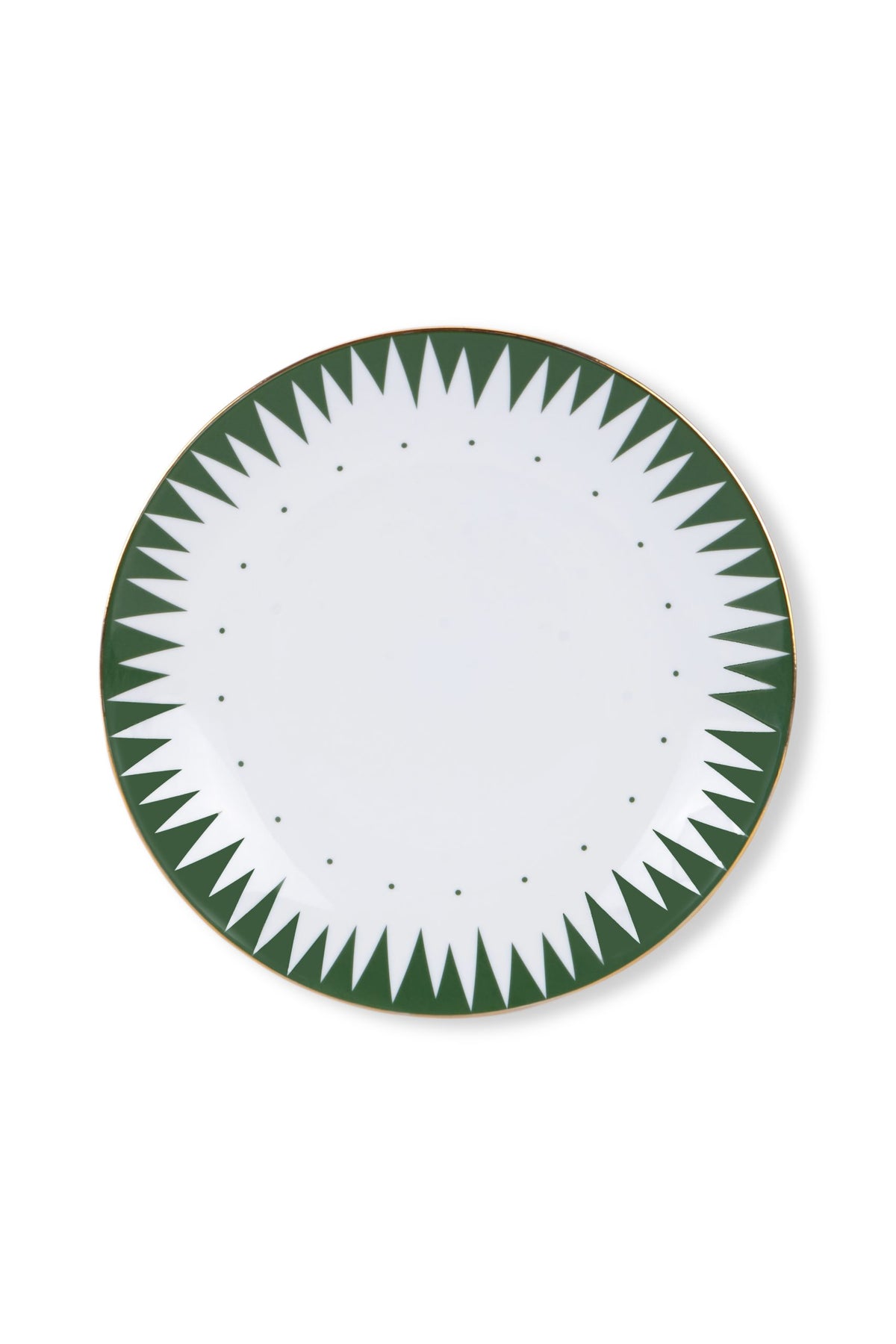 The Punk Dinnerware Green plate by Molecot features white hand-painted porcelain, a green spiked border, small black dots forming a ring near the edge, and a thin gold accent on the outer rim.
