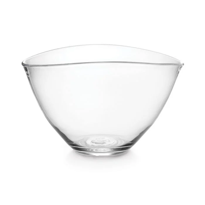The Simon Pearce Barre Bowl, a clear glass bowl with a gently curved rim, sits on a white background—highlighting the modern elegance of this contemporary glassware piece.