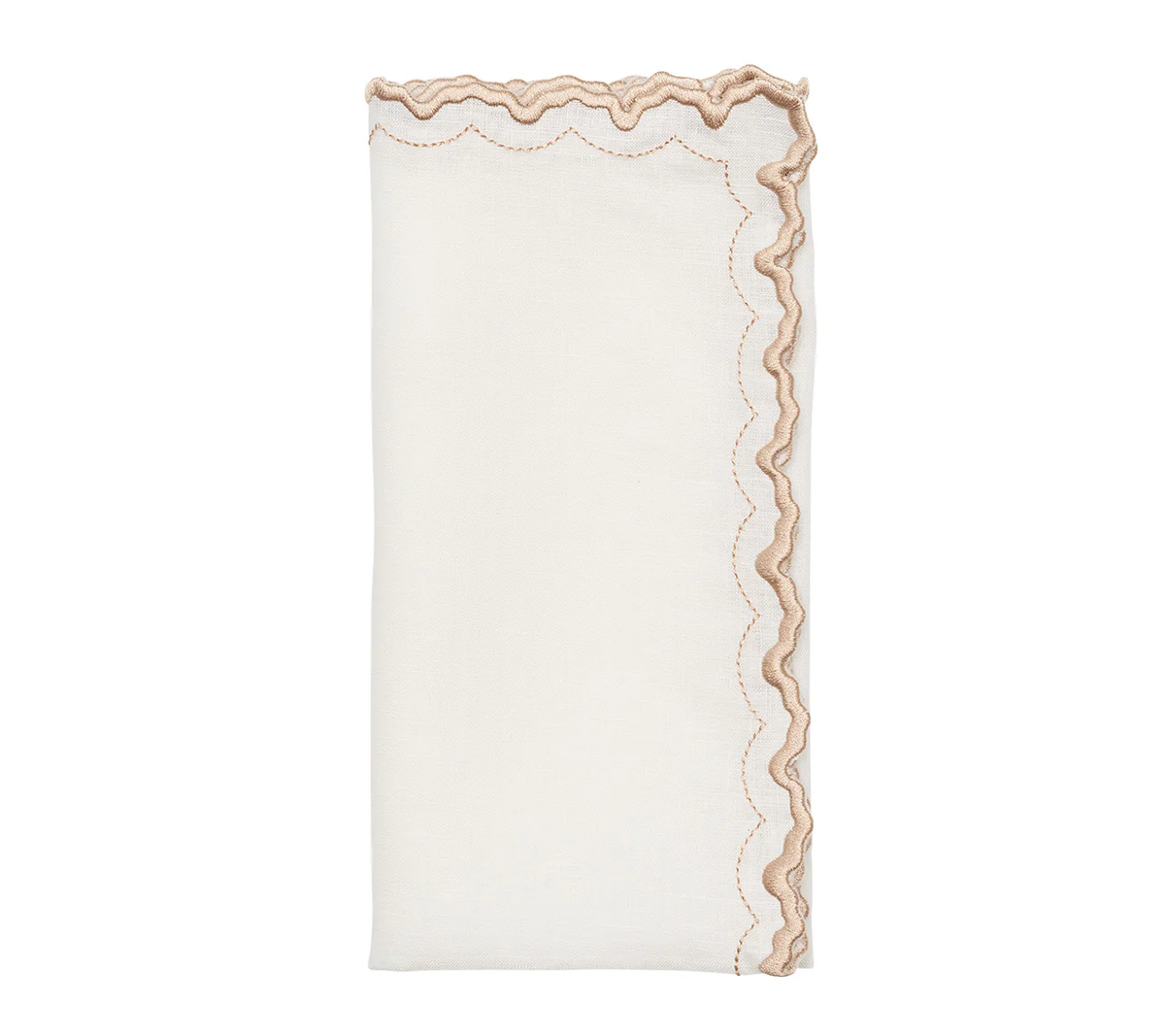 The Kim Seybert Arches Napkin Set of 4 features folded white linen napkins with wavy, scalloped edges, tan stitching, and embroidered detailing along one side.
