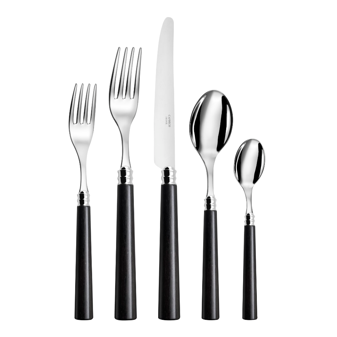 Five Capdeco Marat Wood Flatware pieces—stainless steel with dark wood handles—two forks, a knife, and two spoons—are arranged by size on a white background.