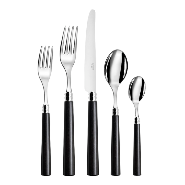 Five Capdeco Marat Wood Flatware pieces—stainless steel with dark wood handles—two forks, a knife, and two spoons—are arranged by size on a white background.