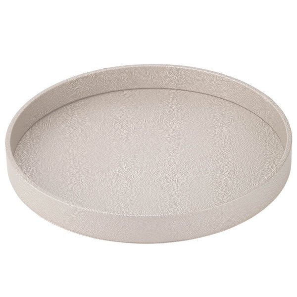 The Bodrum Skate Round Tray - Pearl is a shallow, round serving tray with a textured light beige surface, raised edges, and made from phthalate-free vinyl, displayed on a plain white background.