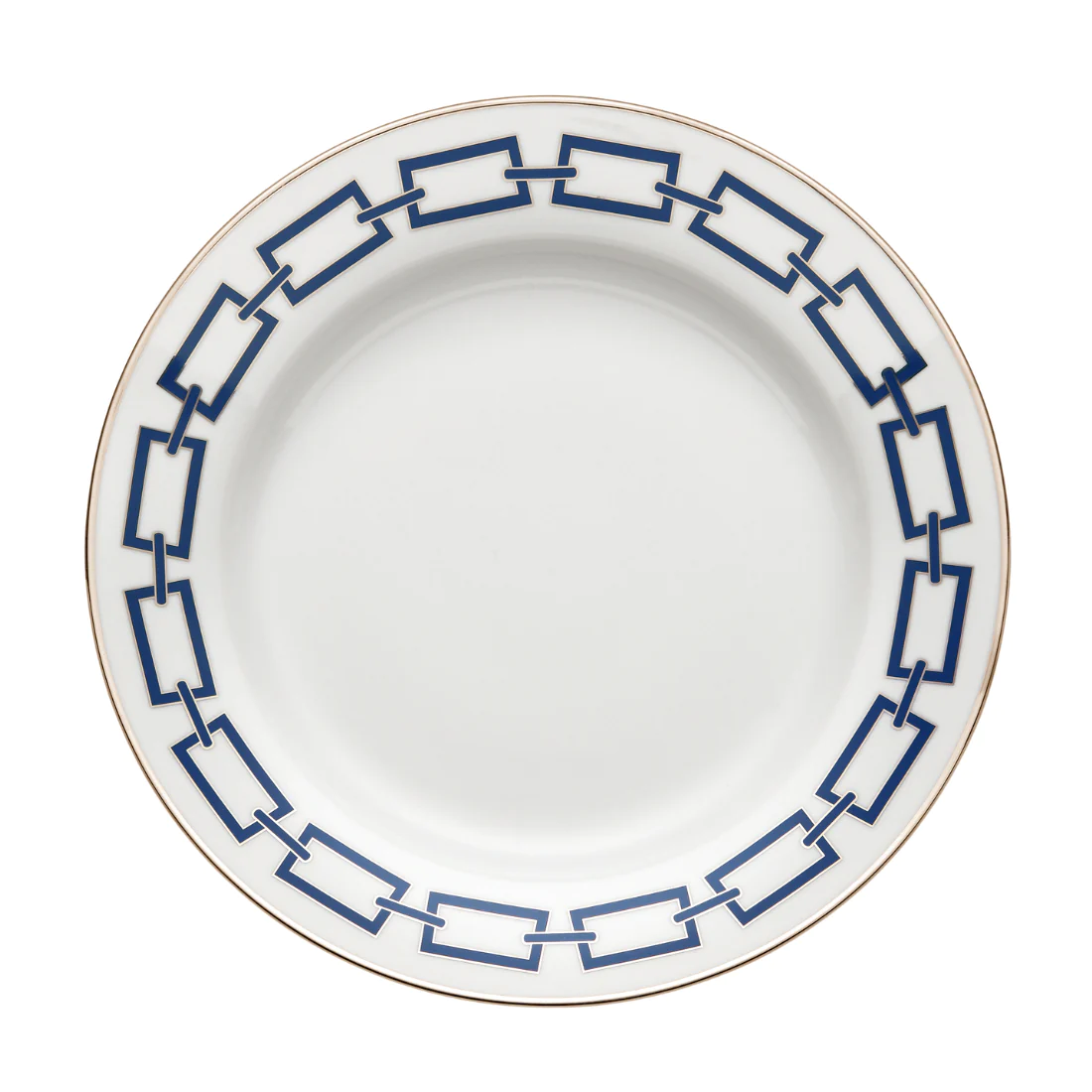 The Catene Zaffiro Dinnerware by Ginori 1735 is a white ceramic plate featuring a navy blue geometric rectangular pattern around the rim and a slim gold edge trim.