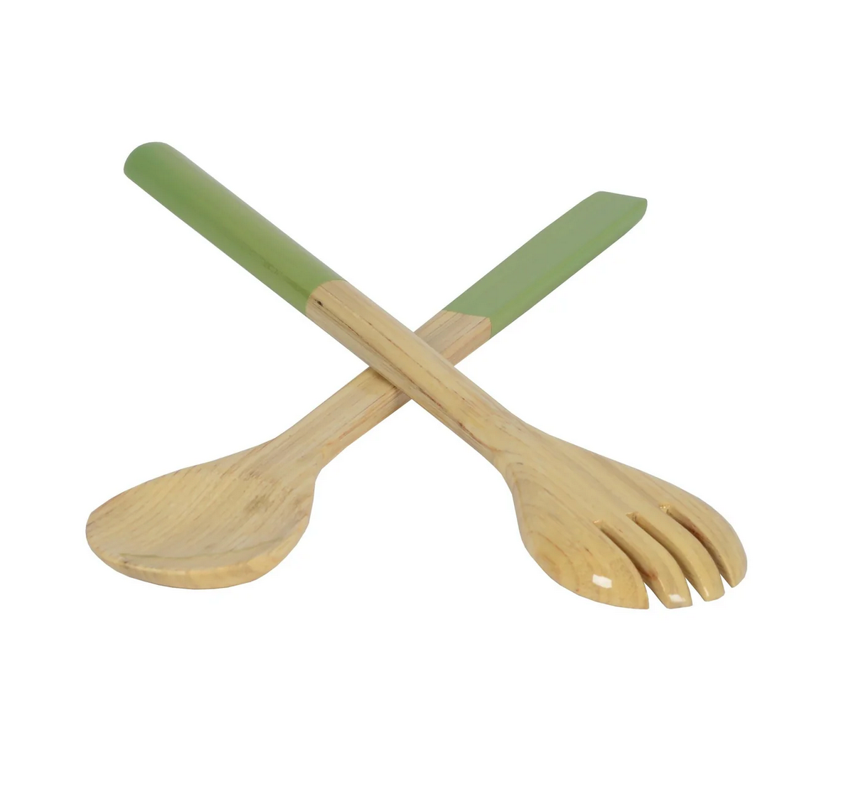 The Albert L Bamboo Classic Salad Servers Set Long features an eco-friendly spoon and fork with green handles crossed stylishly on a white background.