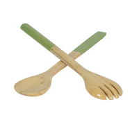 The Albert L Bamboo Classic Salad Servers Set Long features an eco-friendly spoon and fork with green handles crossed stylishly on a white background.