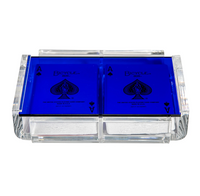Two La Pinta Card Deck Transparent decks by Luxe Dominoes in a clear acrylic holder, each topped with an Ace of Spades card, displayed against a white background.
