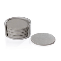 The Zodax Capri Coaster Set of 8 in grey features round premium leather coasters with white stitching, neatly stacked in a matching holder, with one non-slip coaster displayed on a white surface.