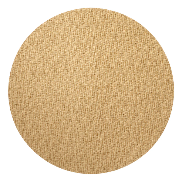 The Bodrum Wicker Round Placemat Set of 4 in straw features tan, wicker-textured placemats shown from above on a white background.