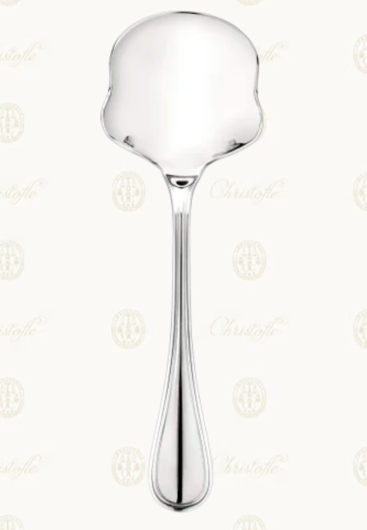 A silver-plated Albi Serving Piece by Christofle with a wide, flat bowl and decorative handle is shown on a light background featuring subtle Christofle logos.