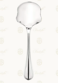 A silver-plated Albi Serving Piece by Christofle with a wide, flat bowl and decorative handle is shown on a light background featuring subtle Christofle logos.