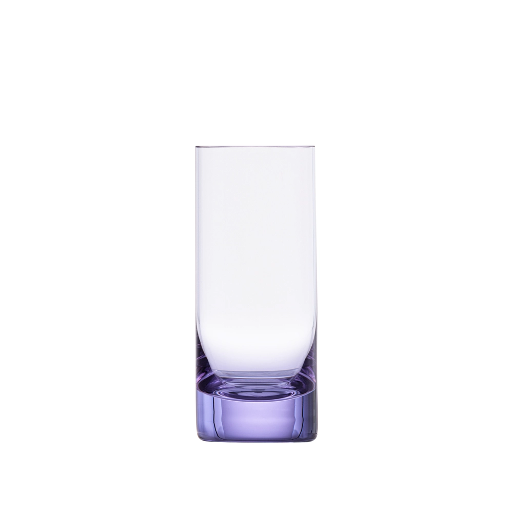 The Moser Whiskey Spirit Glass is a clear crystal tumbler with a thick, light purple base, displayed upright on a white background.