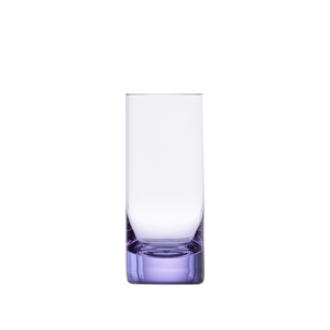 The Moser Whiskey Spirit Glass is a clear crystal tumbler with a thick, light purple base, displayed upright on a white background.