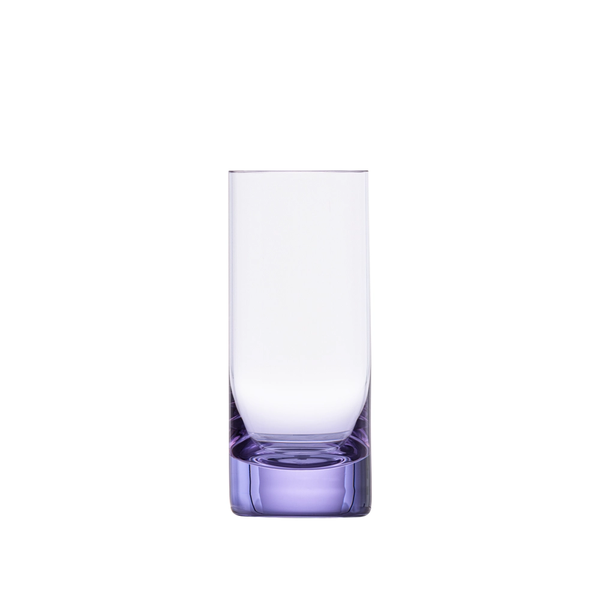 The Moser Whiskey Spirit Glass is a clear crystal tumbler with a thick, light purple base, displayed upright on a white background.