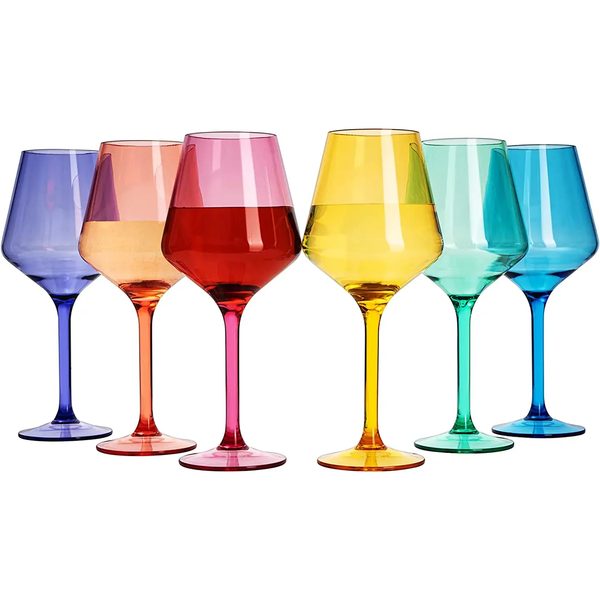 The Brighton Acrylic Wine Glass Set of 6 - Multi Brights by The Wine Savant/Clingbrands features blue, pink, red, yellow, green, and turquoise glasses with matching stems—durable for outdoor entertaining and poolside-safe.