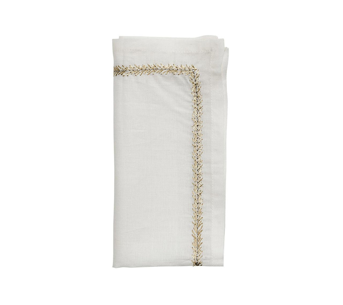 The Kim Seybert Jardin Napkin Set of 4 features elegantly folded table napkins with a decorative gold-embroidered border along two edges, displayed on a plain white background.