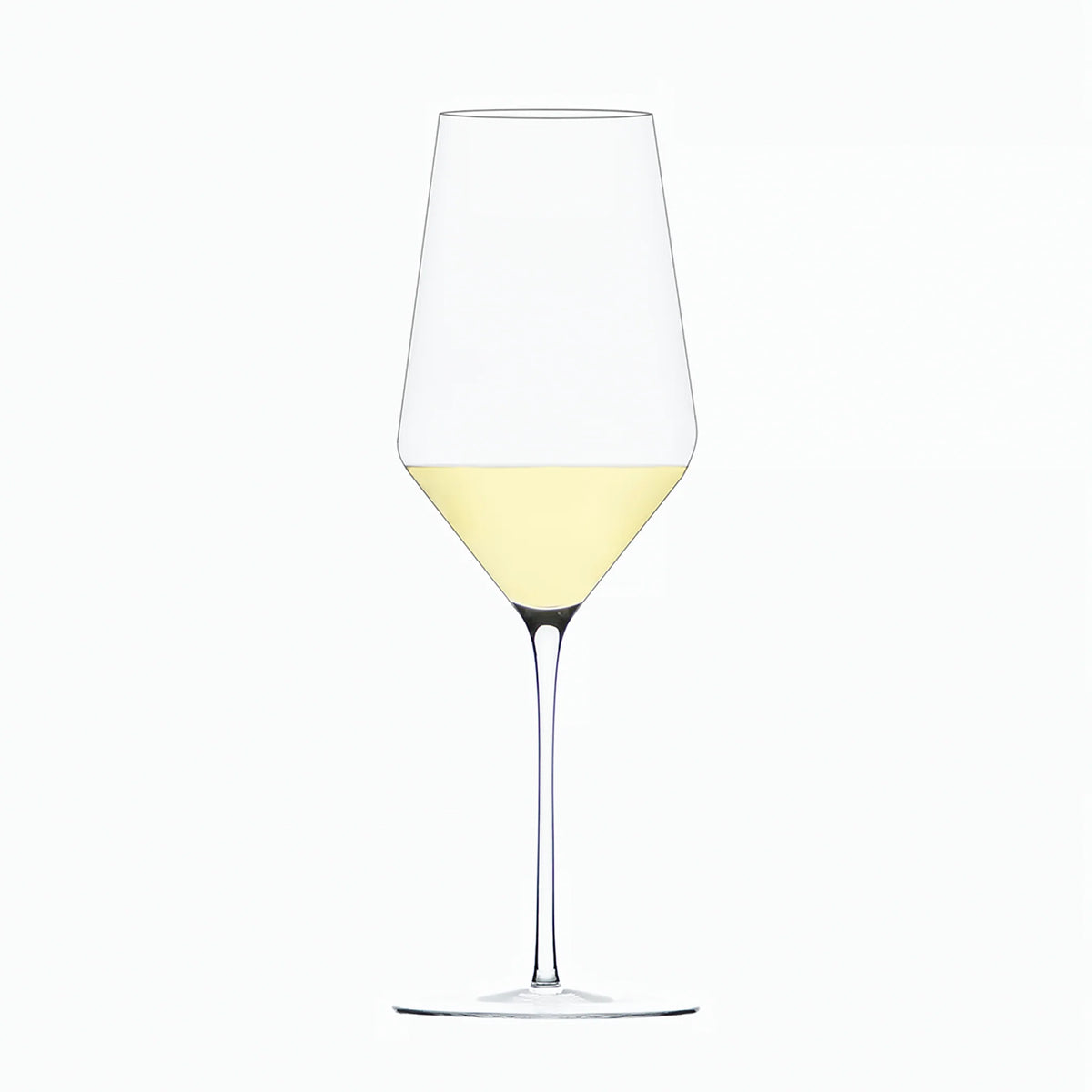 A clear Zalto White Wine Glass by Grand Cru Selections / Zalto, featuring a long stem and partially filled with pale yellow wine, is set against a plain white background.