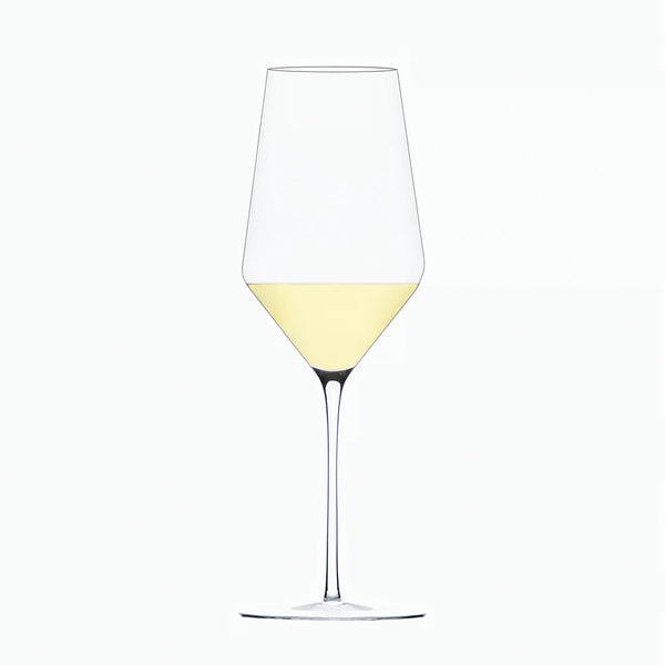 A clear Zalto White Wine Glass by Grand Cru Selections / Zalto, featuring a long stem and partially filled with pale yellow wine, is set against a plain white background.