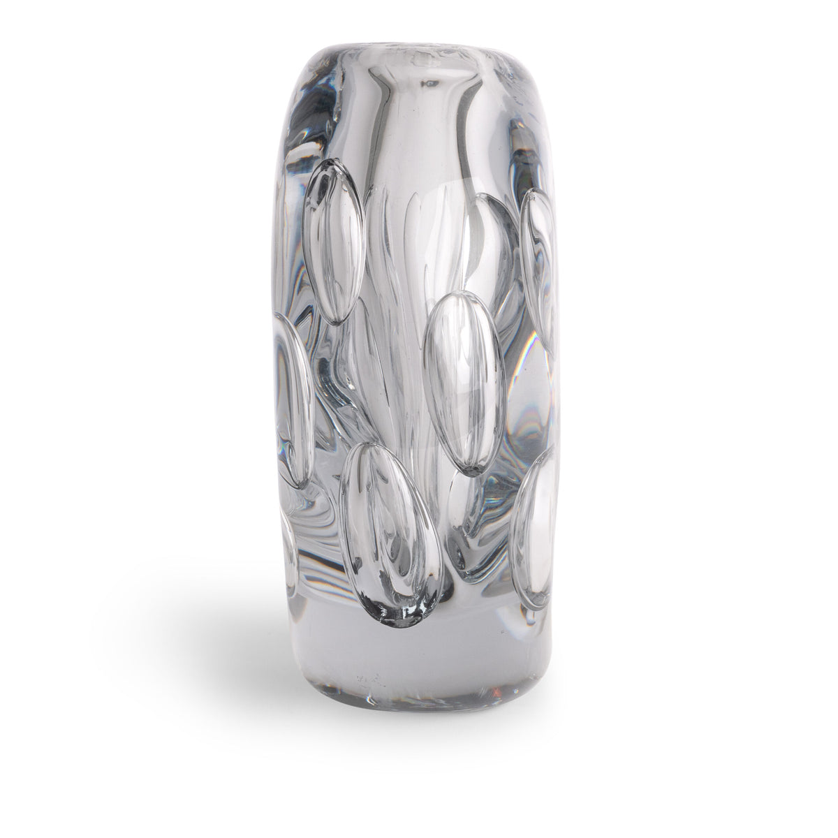 The Whitney Vase by FlowDecor Inc. is a contemporary clear glass vase featuring oval indentations across its surface, displayed upright on a white background.