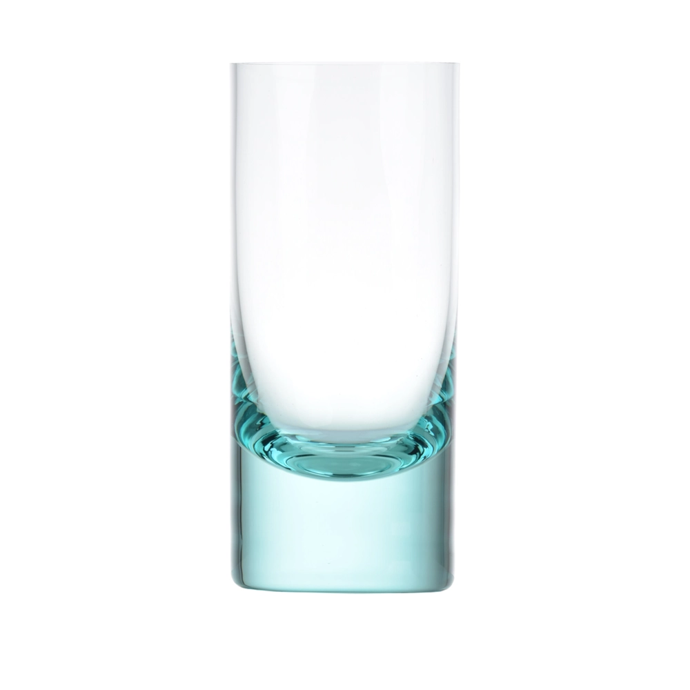 The Moser Whiskey Spirit Glass stands upright against a plain white background, featuring clear crystal with a thick, subtly blue-tinted base.