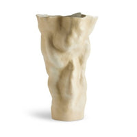The Timna Vase Latte - Tall by L'Objet is a tall, beige ceramic vase with an irregular, crumpled surface and uneven rim, evoking the look of natural forms or ancient porcelain from the Arava desert.
