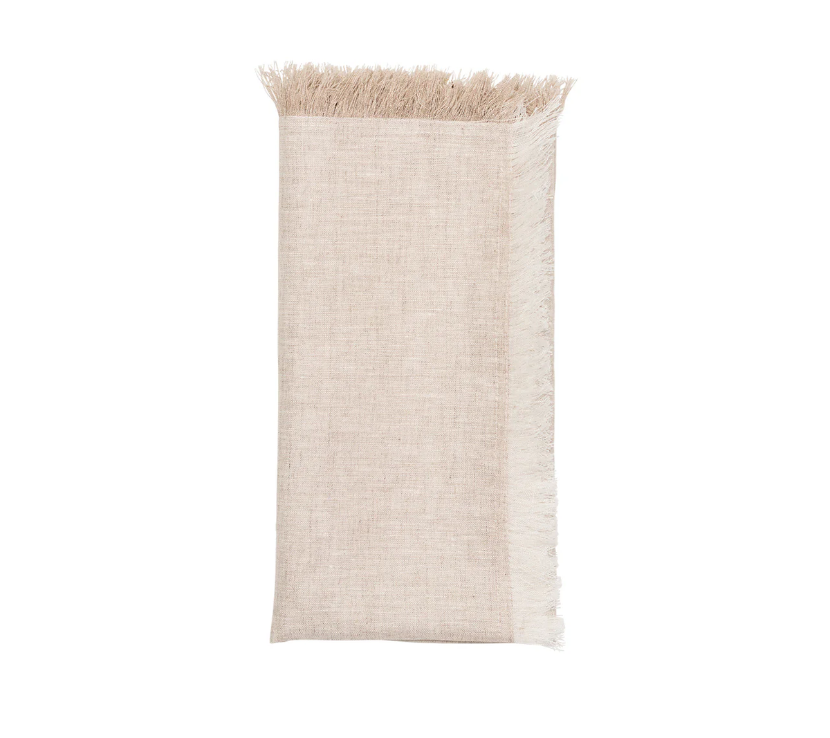 A folded Kim Seybert Chambray Fringe Napkin in Natural, featuring fringed edges on the top and right sides, is displayed against a white background.