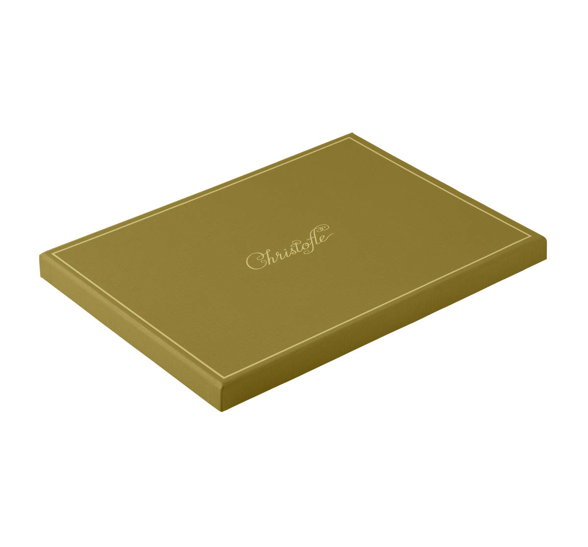 A rectangular Christofle Club Rectangle Tray in stainless steel (13" x 9") rests on a plain white background, its brand elegantly scripted on the surface, evoking a sense of refined luxury.