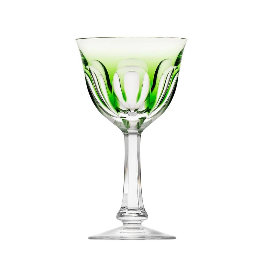 The Lady Hamilton White Wine Glass by Moser features a faceted bowl with light green accents near the rim, set on a slender stem and round base—an elegant crystal glass shown against a white background.